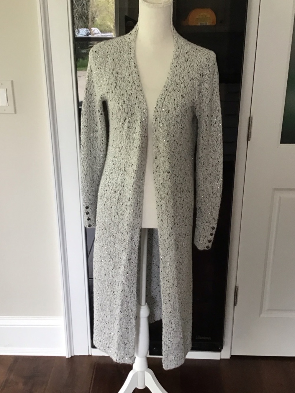 White House Black Market Light Gray Speckled Long Open Cardigan